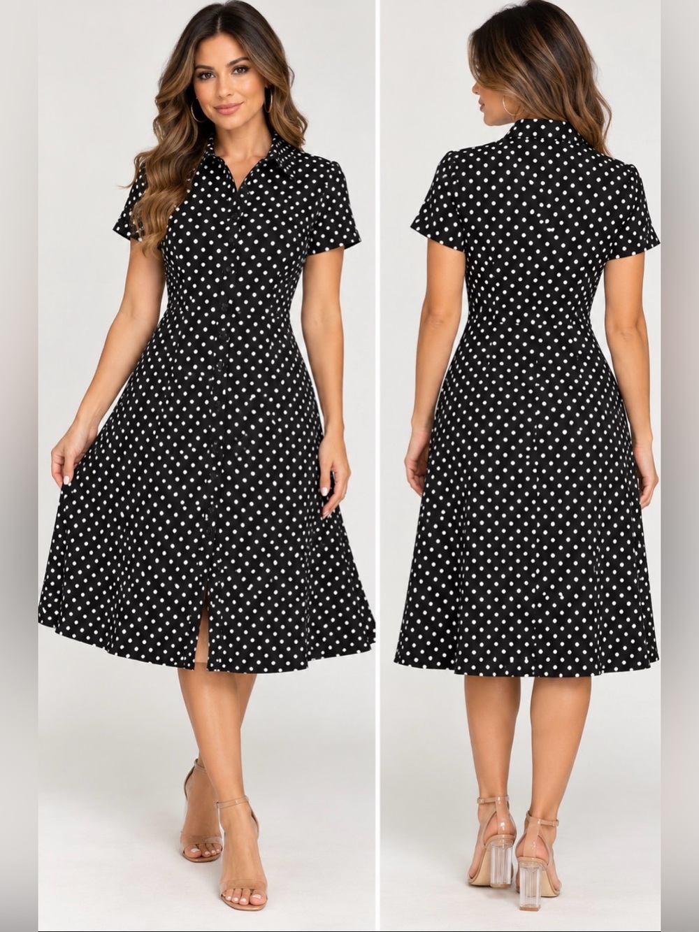 Shelby & Palmer Black and White Polka Dot Button-Front Midi Dress